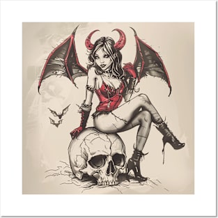 Demon Woman Sitting on Skull Vintage Sketch Posters and Art